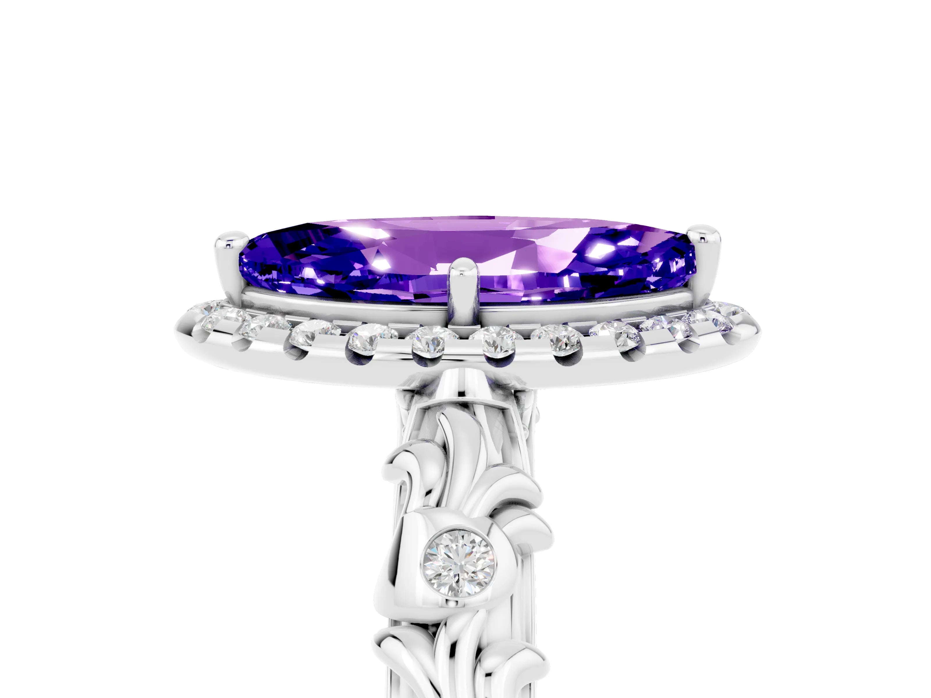 White gold Marquise Cut Halo Diamond Solitaire with Filigree Band and Four-Prong Setting_5