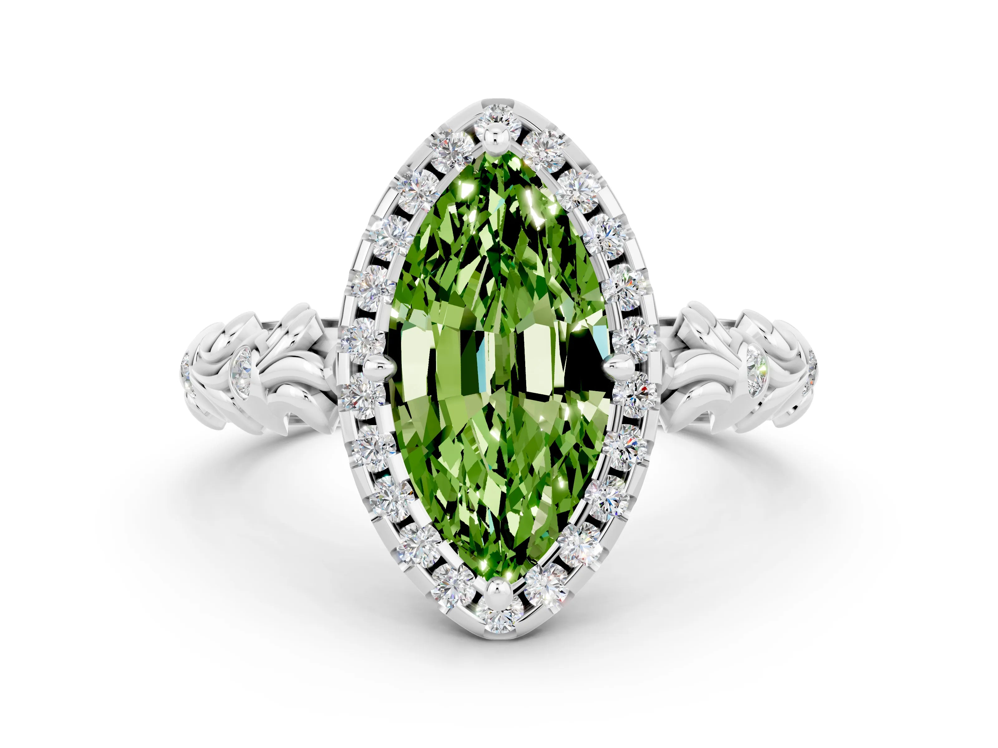 White gold Marquise Cut Halo Diamond Solitaire with Filigree Band and Four-Prong Setting