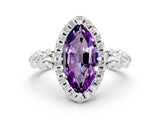 White gold Marquise Cut Halo Diamond Solitaire with Filigree Band and Four-Prong Setting