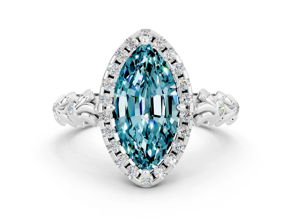 Platinum Marquise Cut Halo Diamond Solitaire with Filigree Band and Four-Prong Setting