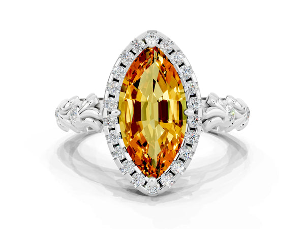 Silver Marquise Cut Citrine Halo Ring with Filigree Band and Prong Setting