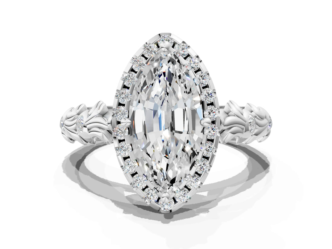White gold Marquise Cut Halo Diamond Solitaire with Filigree Band and Four-Prong Setting_7
