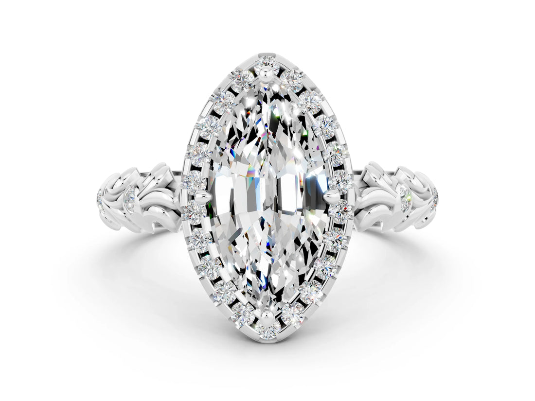 White gold Marquise Cut Halo Diamond Solitaire with Filigree Band and Four-Prong Setting