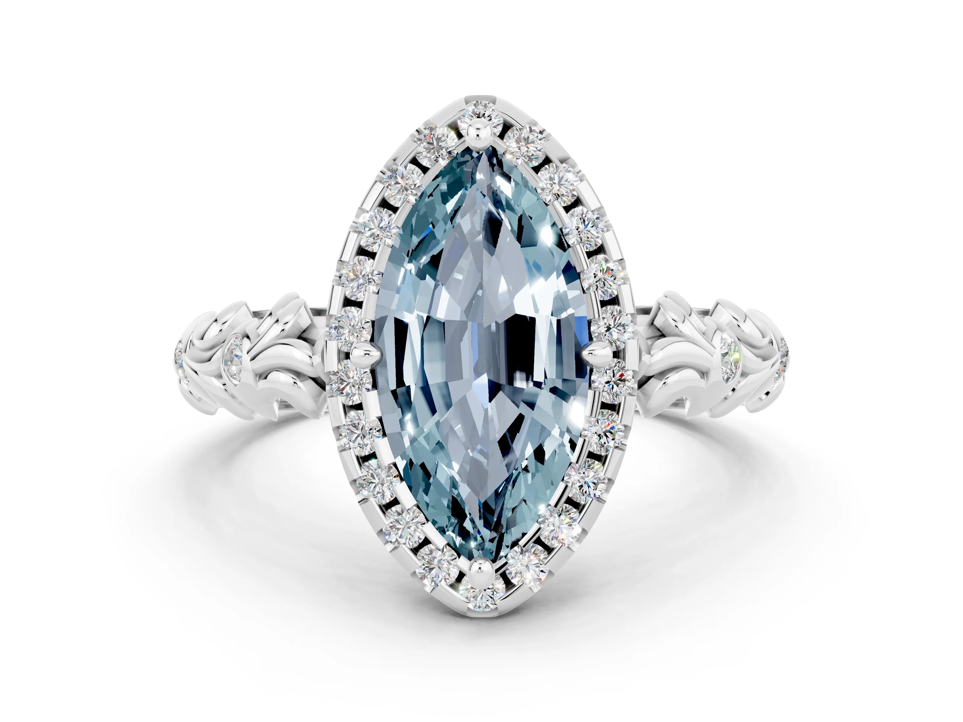 White gold Marquise Cut Halo Diamond Solitaire with Filigree Band and Four-Prong Setting