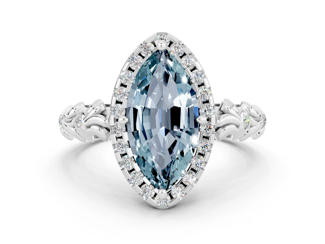 White gold Marquise Cut Halo Diamond Solitaire with Filigree Band and Four-Prong Setting