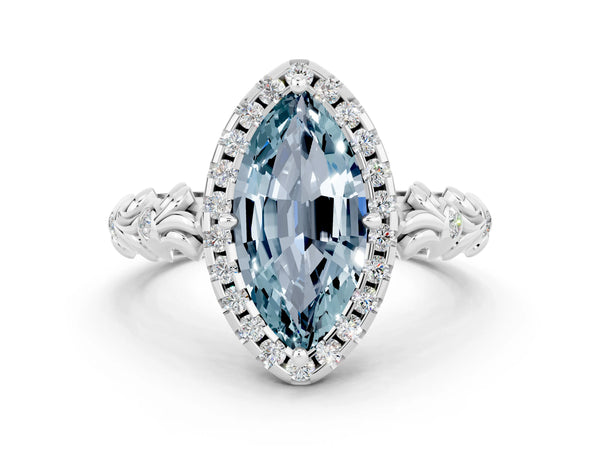 Platinum Marquise Cut Aquamarine Halo Ring with Filigree Band and Prong Setting