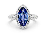 White gold Marquise Cut Halo Diamond Solitaire with Filigree Band and Four-Prong Setting