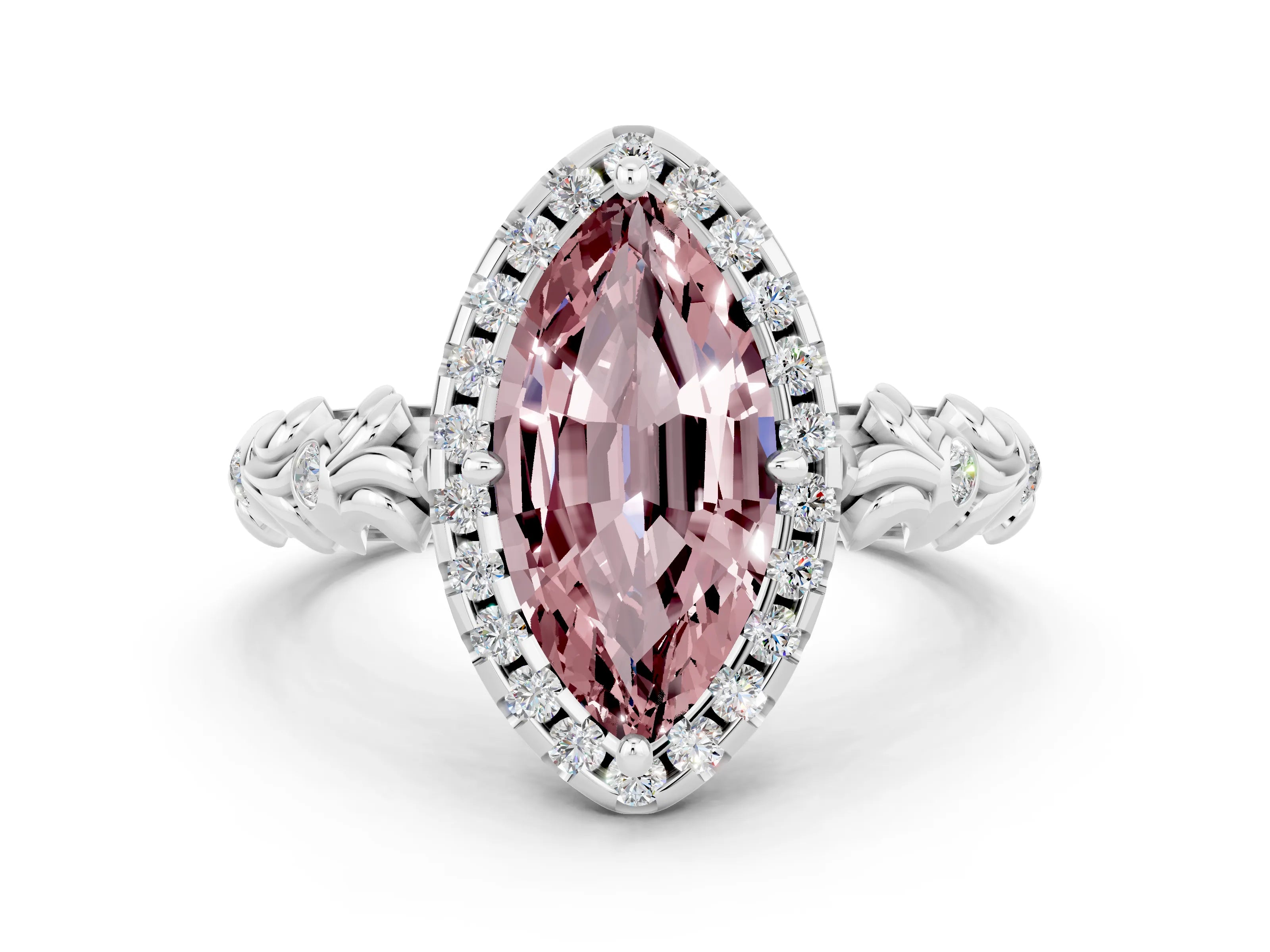 White gold Marquise Cut Halo Diamond Solitaire with Filigree Band and Four-Prong Setting
