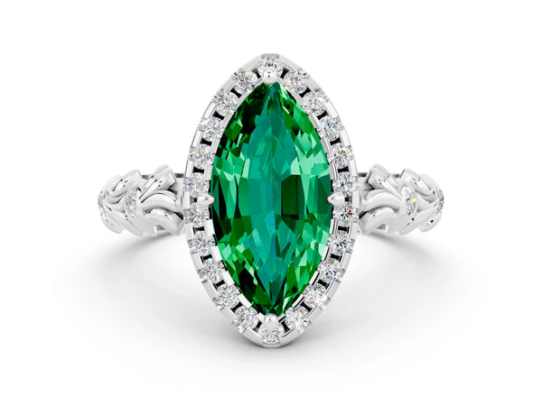 White gold Marquise Cut Emerald Halo Ring with Filigree Band and Prong Setting