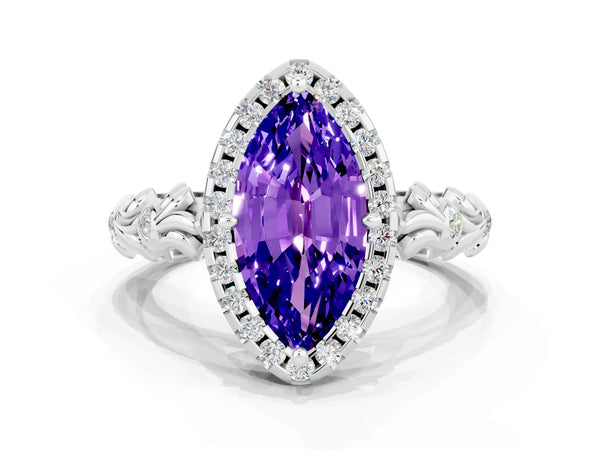 Silver Marquise Cut Tanzanite Halo Ring with Filigree Band and Prong Setting