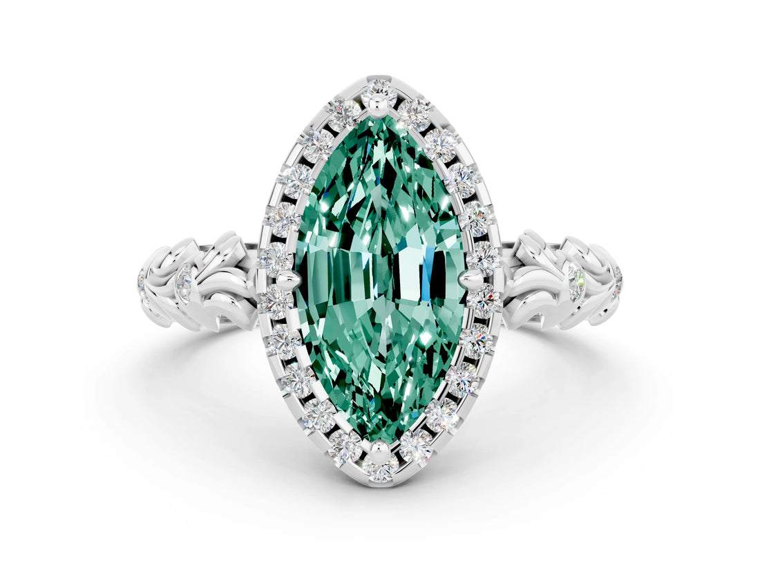 White gold Marquise Cut Halo Diamond Solitaire with Filigree Band and Four-Prong Setting