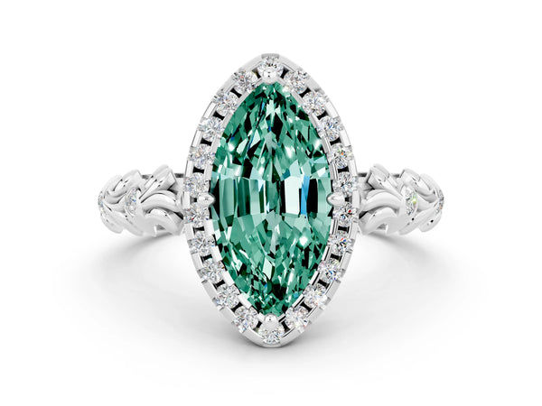 Platinum Marquise Cut Green Sapphire Halo Ring with Filigree Band and Prong Setting