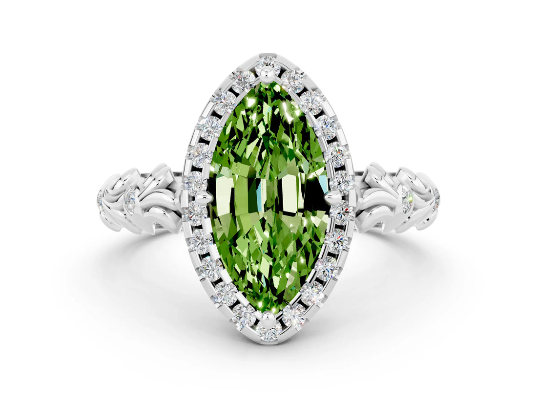 White gold Marquise Cut Halo Diamond Solitaire with Filigree Band and Four-Prong Setting