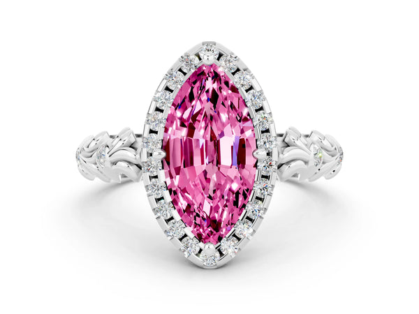 Platinum Marquise Cut Pink Sapphire Halo Ring with Filigree Band and Prong Setting