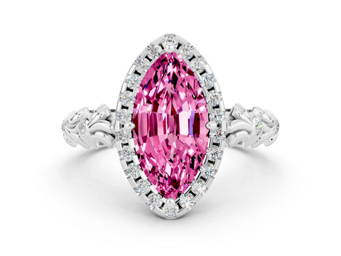White gold Marquise Cut Halo Diamond Solitaire with Filigree Band and Four-Prong Setting