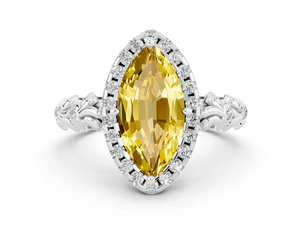 Platinum Marquise Cut Yellow Sapphire Halo Ring with Filigree Band and Prong Setting