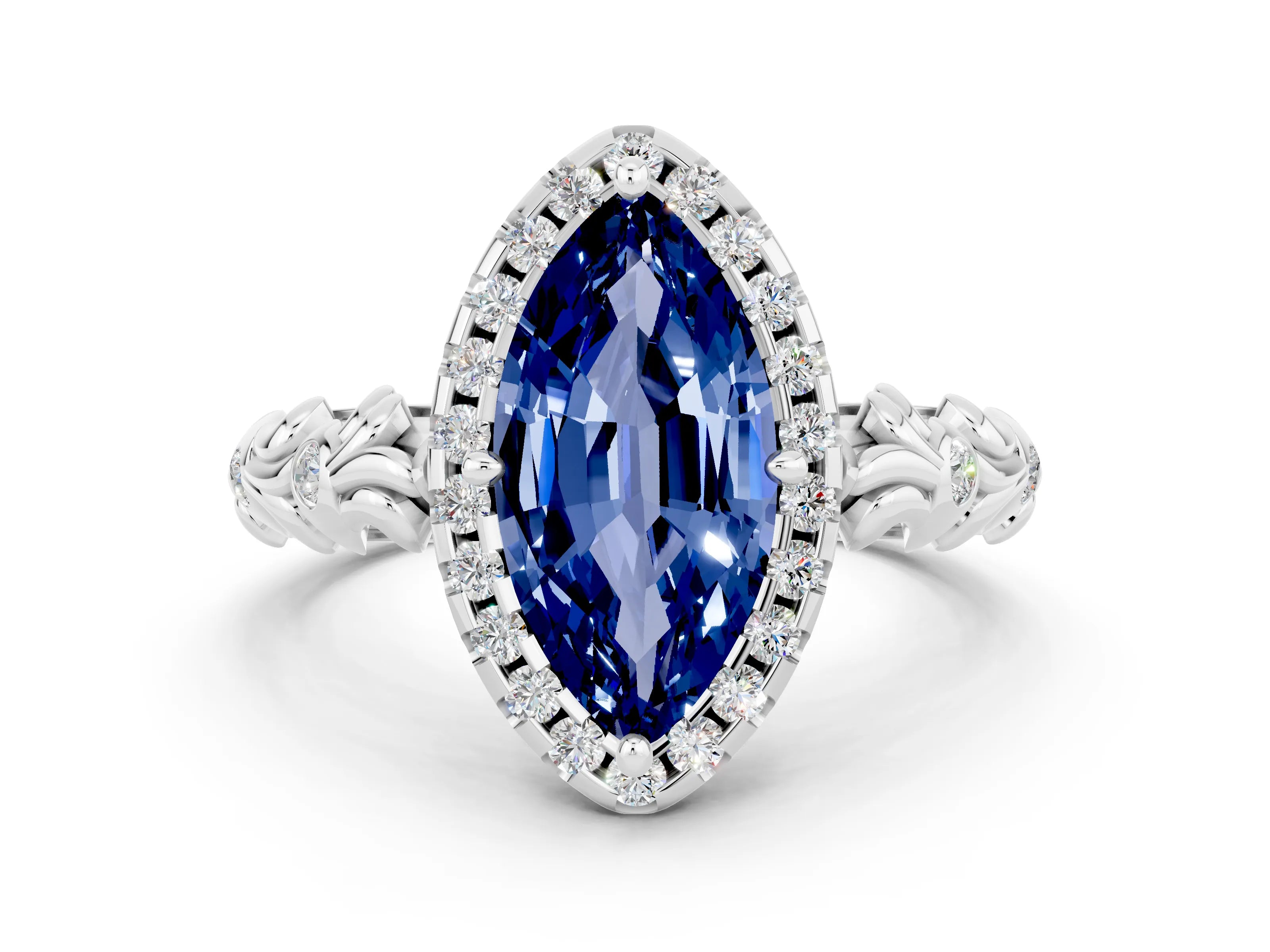 White gold Marquise Cut Halo Diamond Solitaire with Filigree Band and Four-Prong Setting