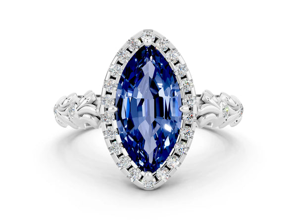 White gold Marquise Cut Blue Sapphire Halo Ring with Filigree Band and Prong Setting