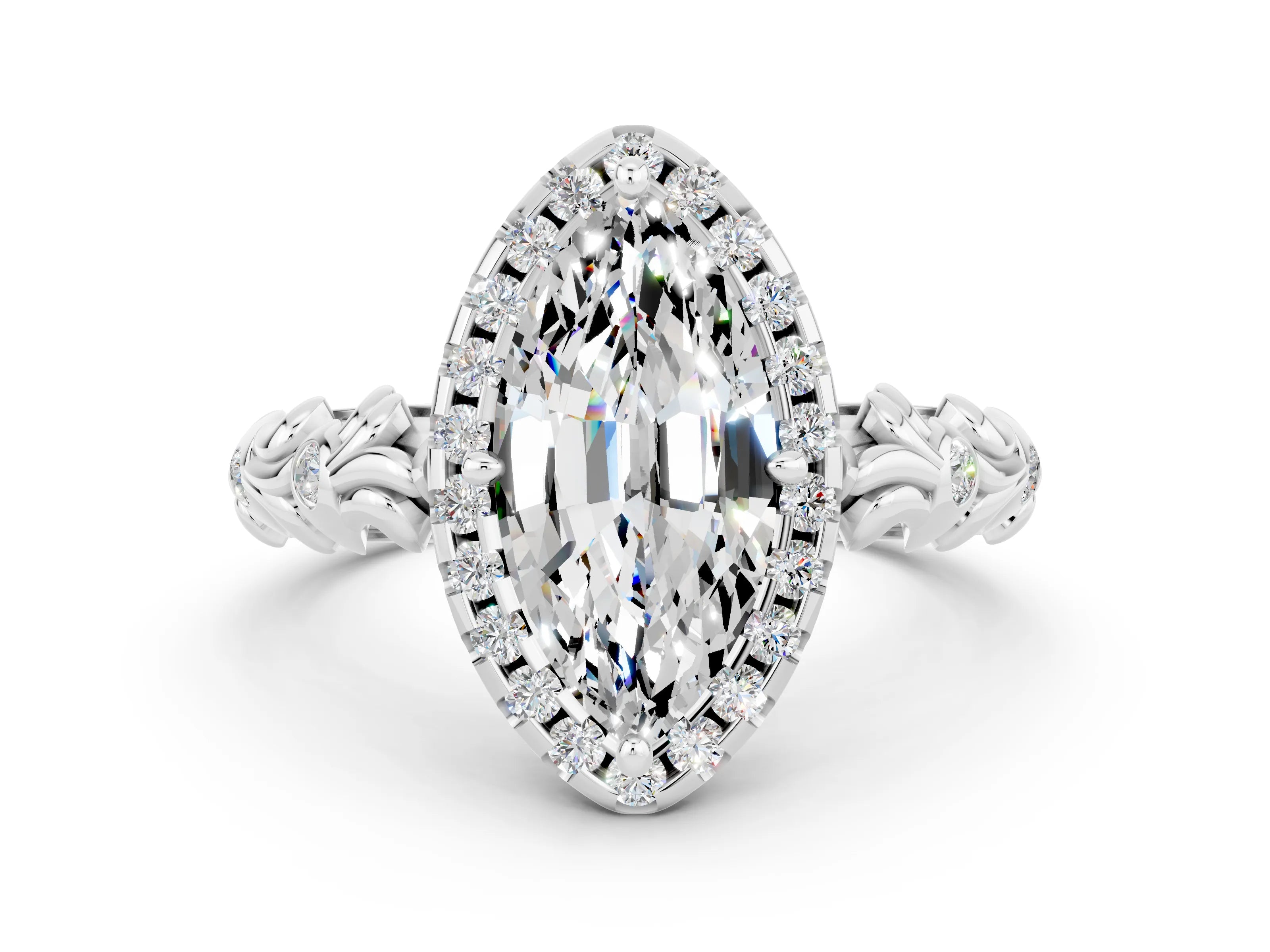 White gold Marquise Cut Halo Diamond Solitaire with Filigree Band and Four-Prong Setting