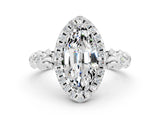 White gold Marquise Cut Halo Diamond Solitaire with Filigree Band and Four-Prong Setting