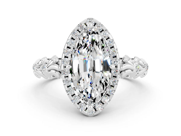 Silver Marquise Cut Moissanite Halo Ring with Filigree Band and Prong Setting