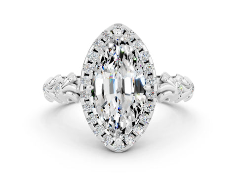 White gold Marquise Cut Halo Diamond Solitaire with Filigree Band and Four-Prong Setting