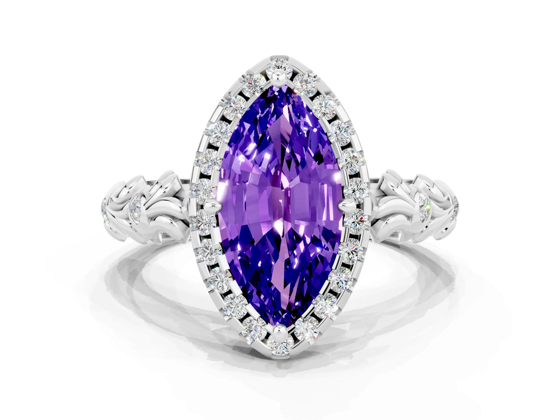 White gold Marquise Cut Halo Diamond Solitaire with Filigree Band and Four-Prong Setting