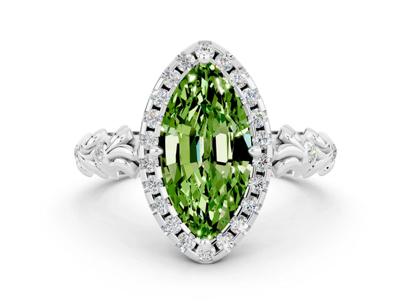 Platinum Marquise Cut Peridot Halo Ring with Filigree Band and Prong Setting