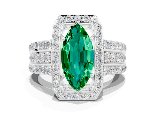 White gold Marquise Cut Halo Emerald Ring with Round  Split Shank and Prong Setting