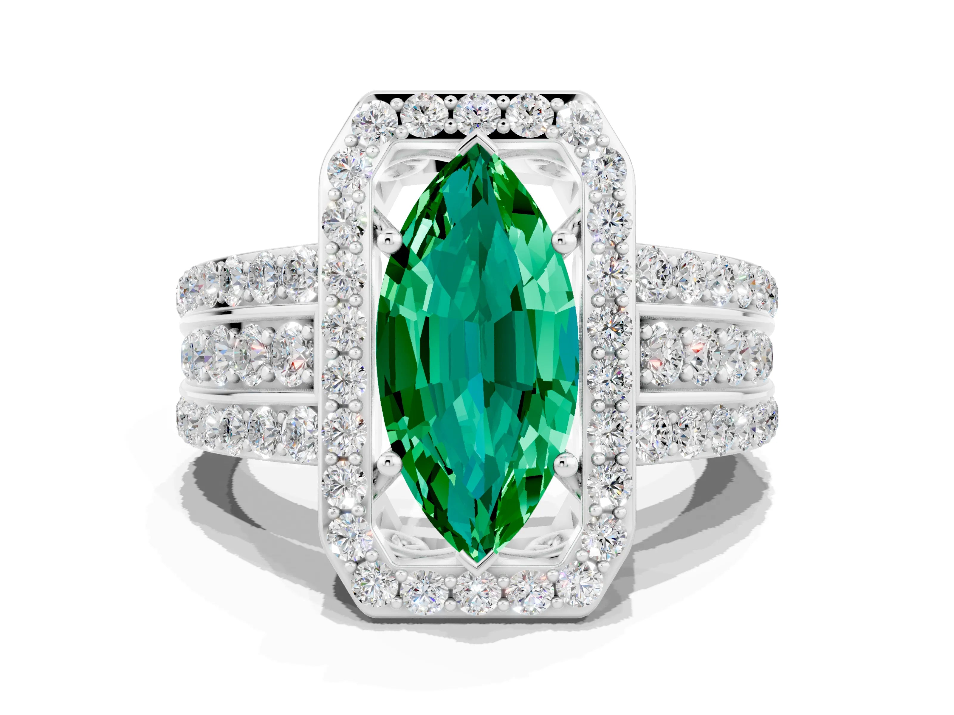 White gold Marquise Cut Halo Emerald Ring with Round  Split Shank and Prong Setting_12