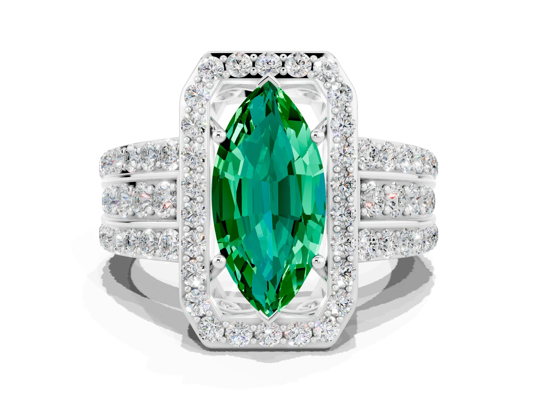 White gold Marquise Cut Halo Emerald Ring with Round  Split Shank and Prong Setting_12