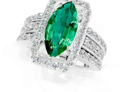 White gold Marquise Cut Halo Emerald Ring with Round  Split Shank and Prong Setting_13