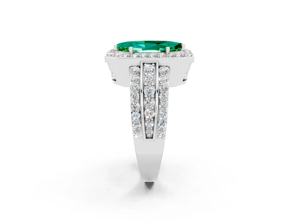 Platinum Marquise Cut Halo Emerald Ring with Round  Split Shank and Prong Setting