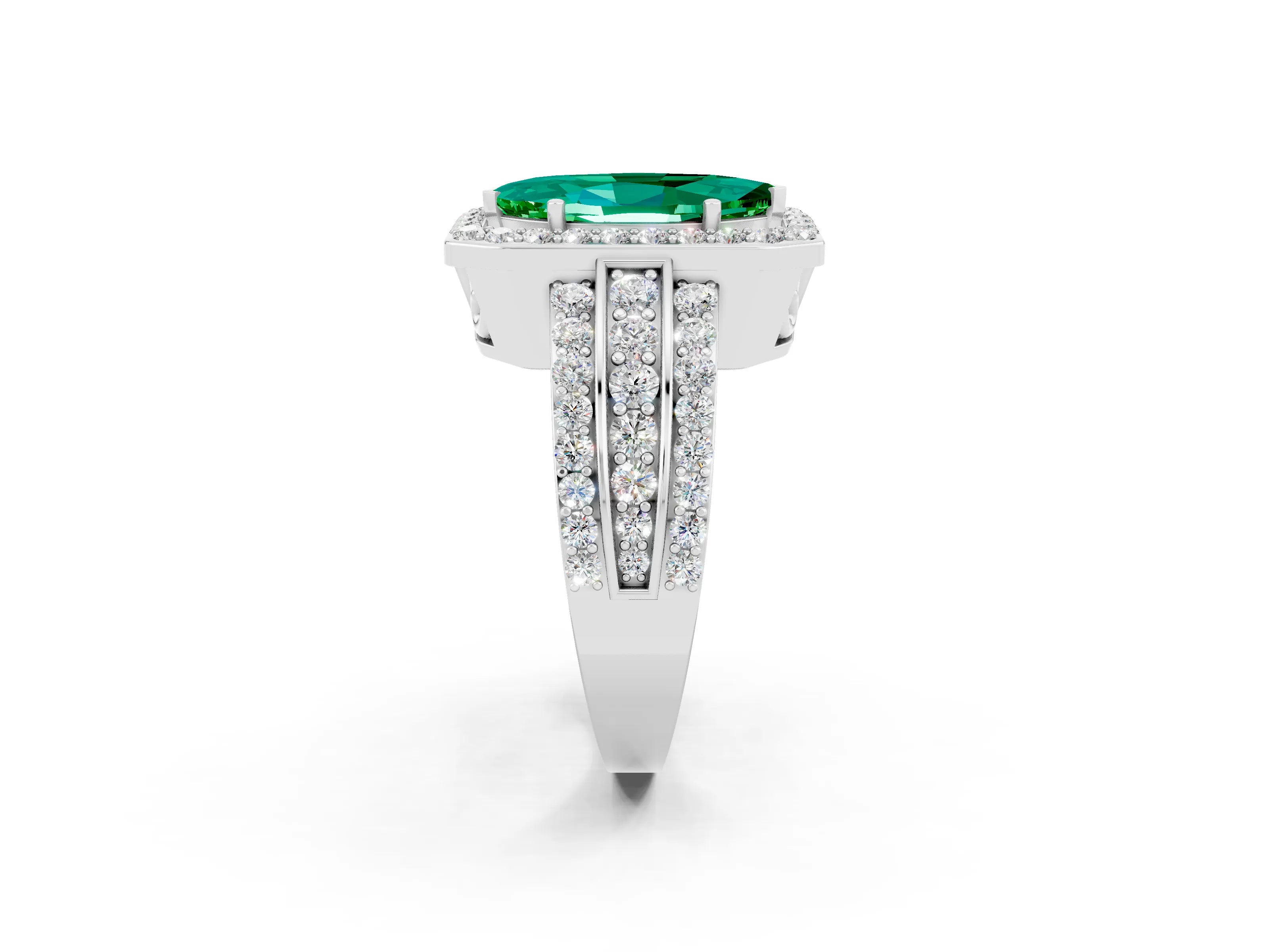 White gold Marquise Cut Halo Emerald Ring with Round  Split Shank and Prong Setting_14