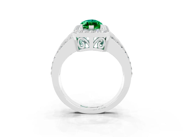 Platinum Marquise Cut Halo Emerald Ring with Round  Split Shank and Prong Setting