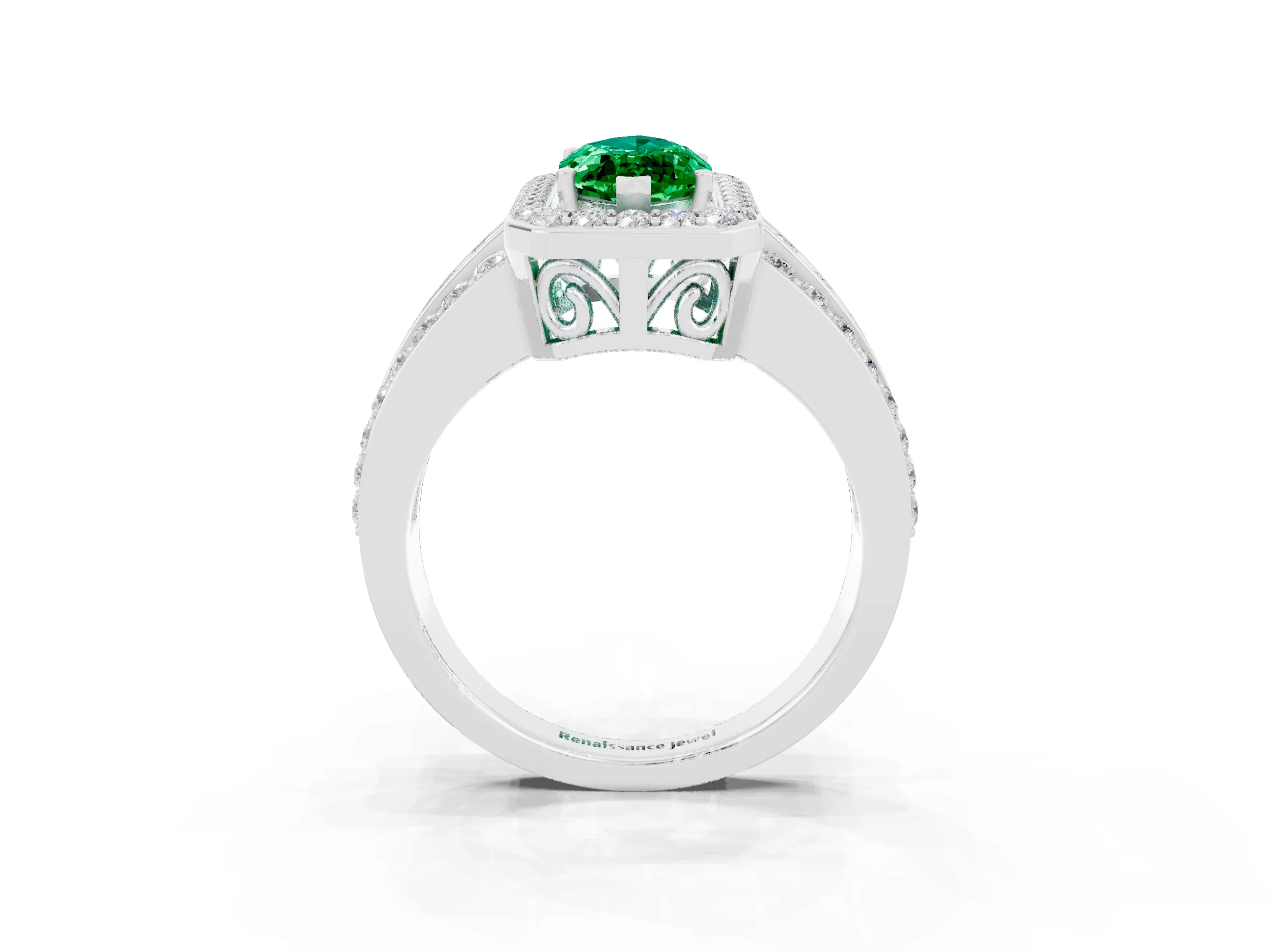 White gold Marquise Cut Halo Emerald Ring with Round  Split Shank and Prong Setting_15