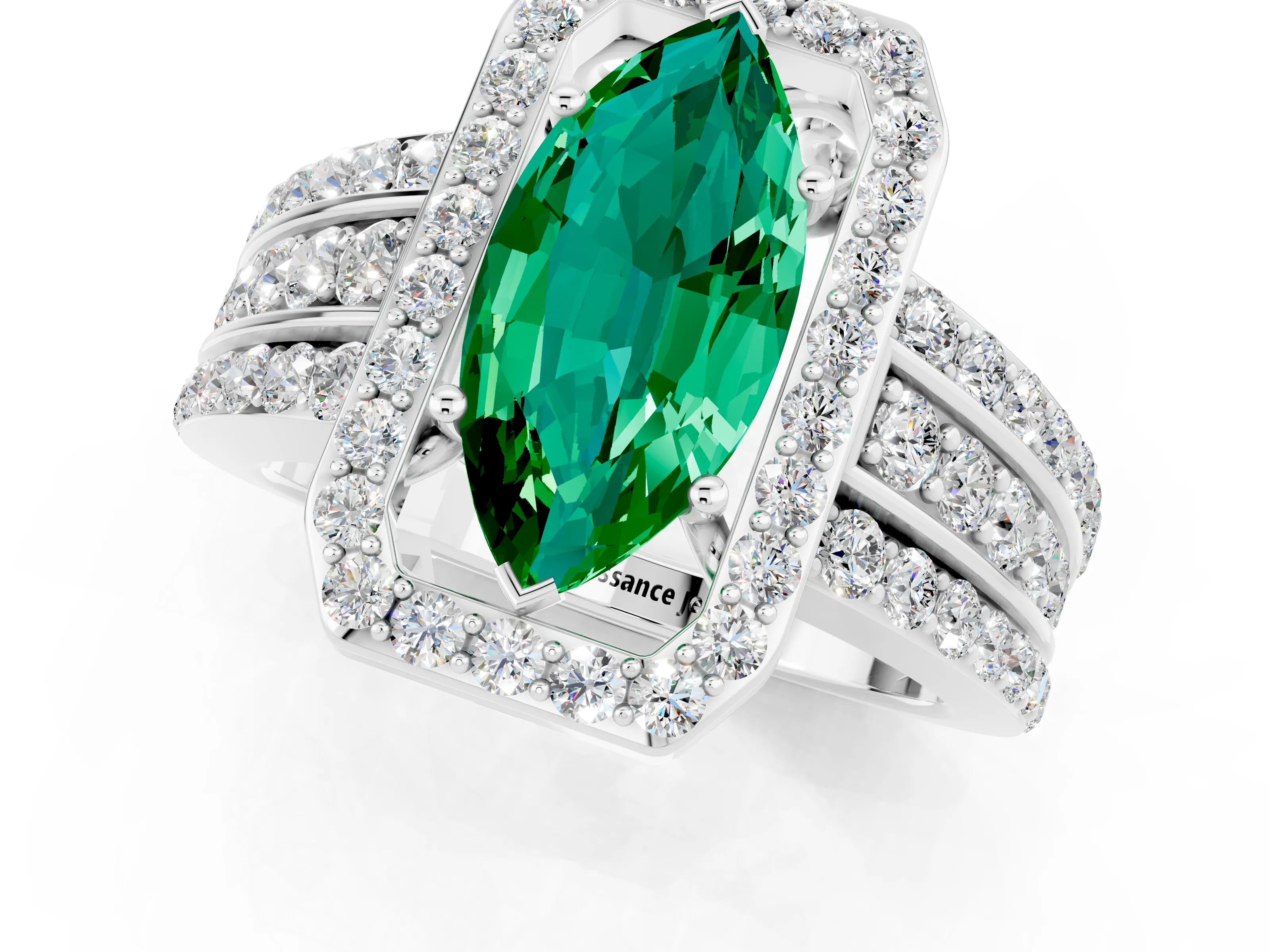 White gold Marquise Cut Halo Emerald Ring with Split Shank and Four-Prong Setting_1