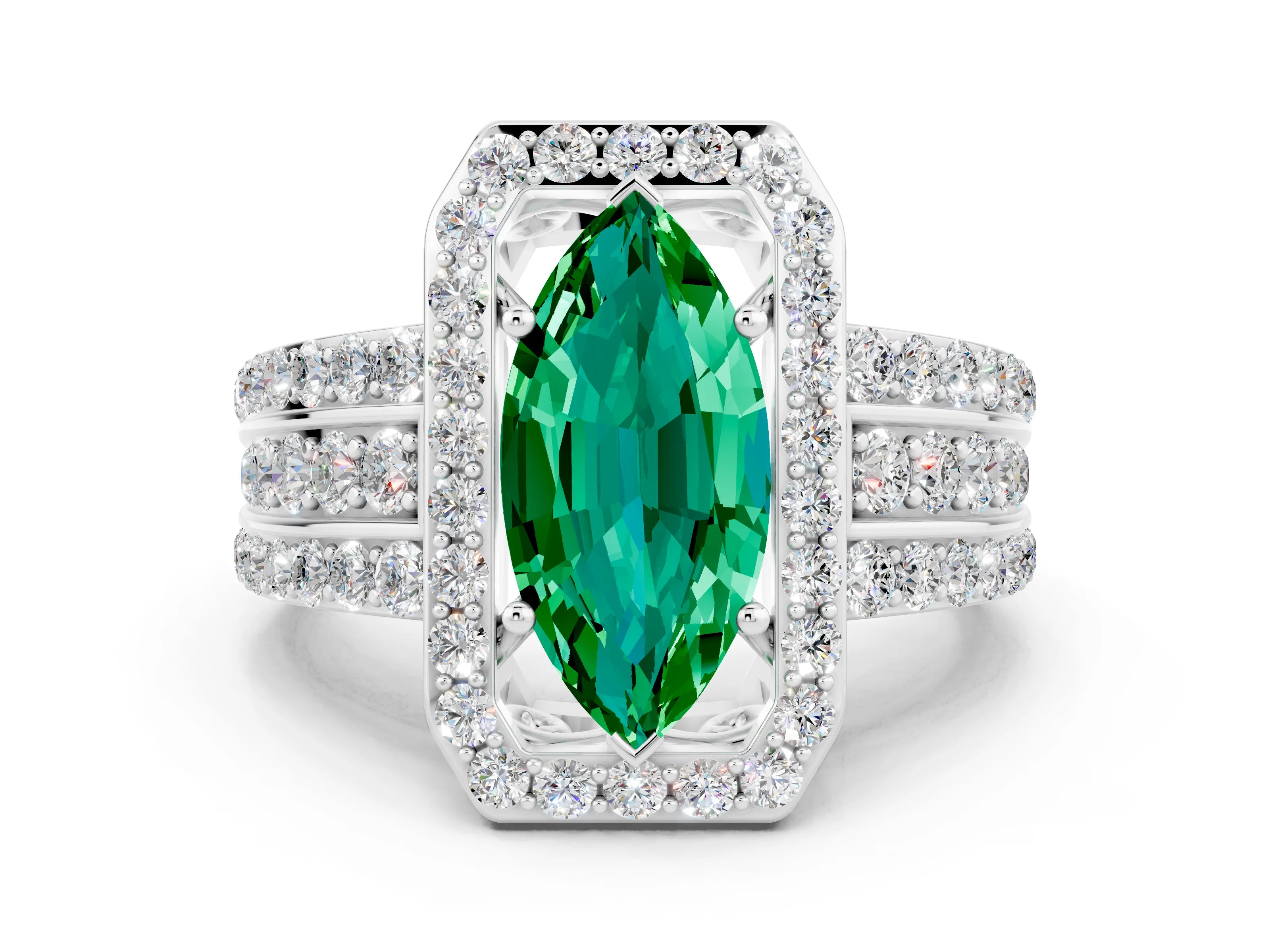 White gold Marquise Cut Halo Emerald Ring with Split Shank and Four-Prong Setting