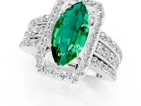White gold Marquise Cut Halo Emerald Ring with Split Shank and Four-Prong Setting_1