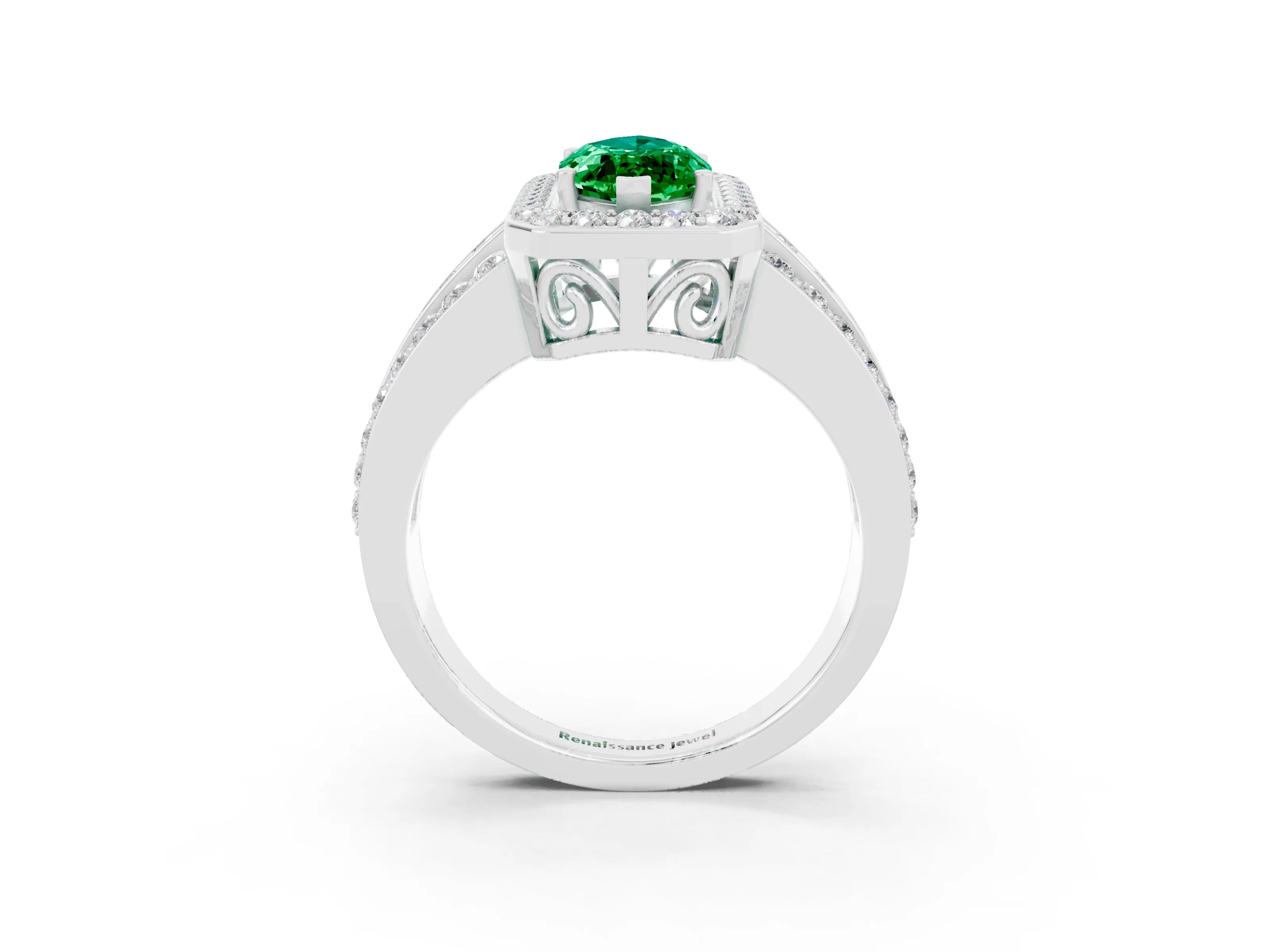 White gold Marquise Cut Halo Emerald Ring with Split Shank and Four-Prong Setting_3