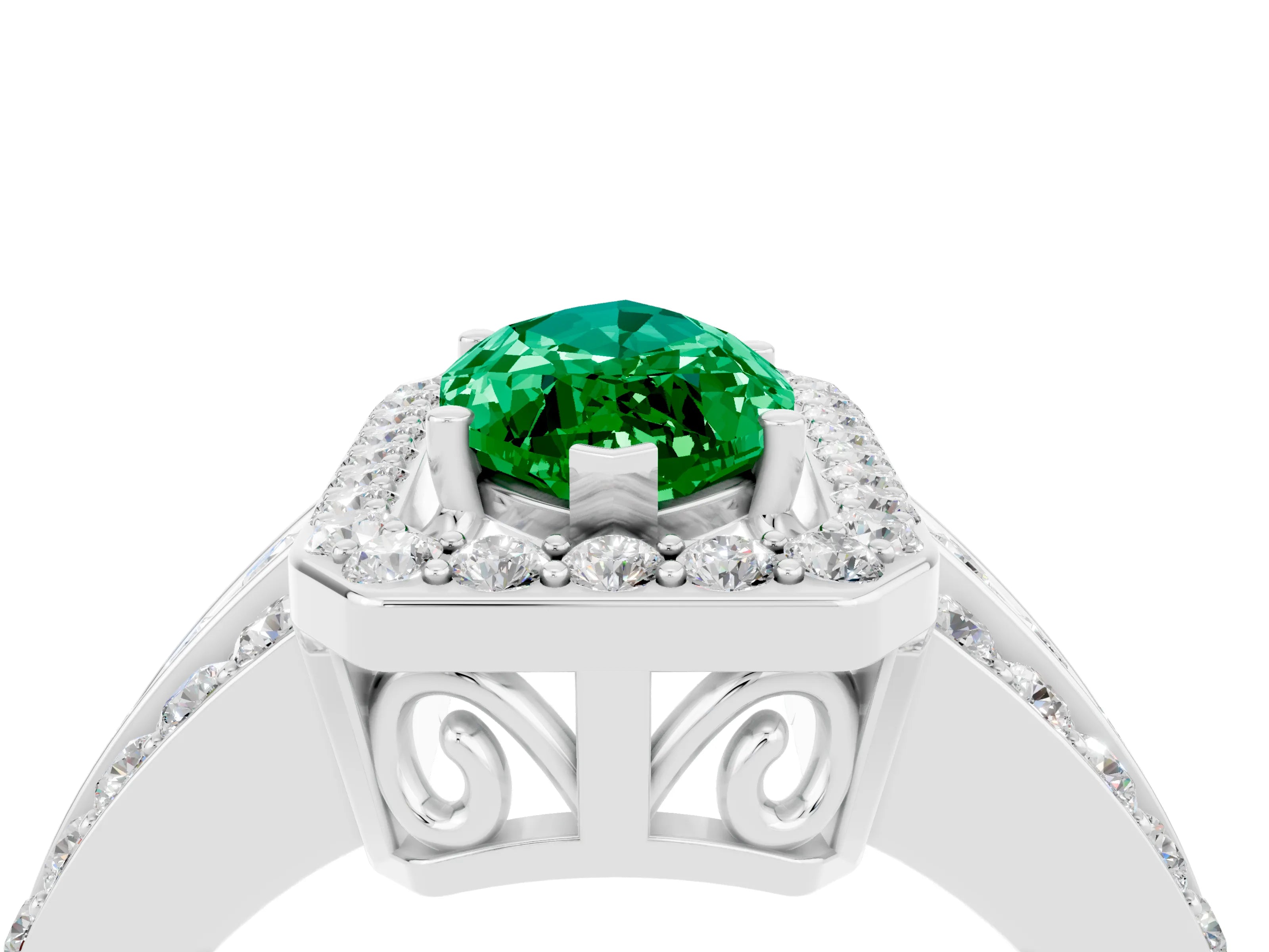 White gold Marquise Cut Halo Emerald Ring with Split Shank and Four-Prong Setting_4