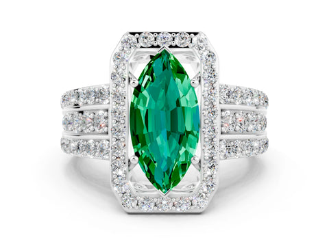 White gold Marquise Cut Halo Emerald Ring with Split Shank and Four-Prong Setting