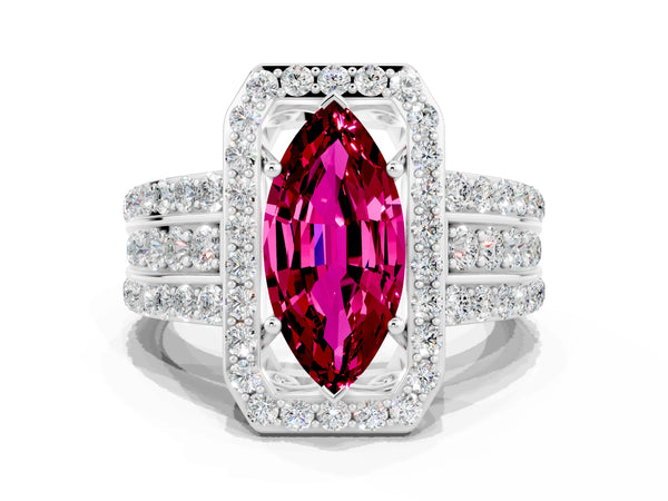 Platinum Marquise Cut Halo Garnet Ring with Round  Split Shank and Prong Setting