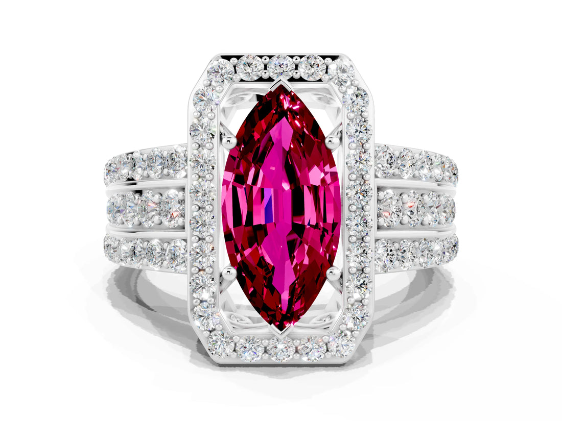 White gold Marquise Cut Halo Garnet Ring with Round  Split Shank and Prong Setting_12