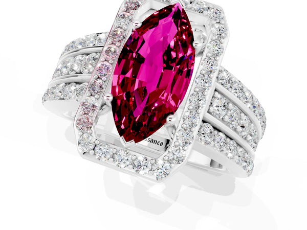 White gold Marquise Cut Halo Garnet Ring with Round  Split Shank and Prong Setting