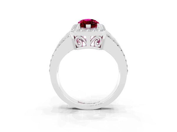 Platinum Marquise Cut Halo Garnet Ring with Round  Split Shank and Prong Setting