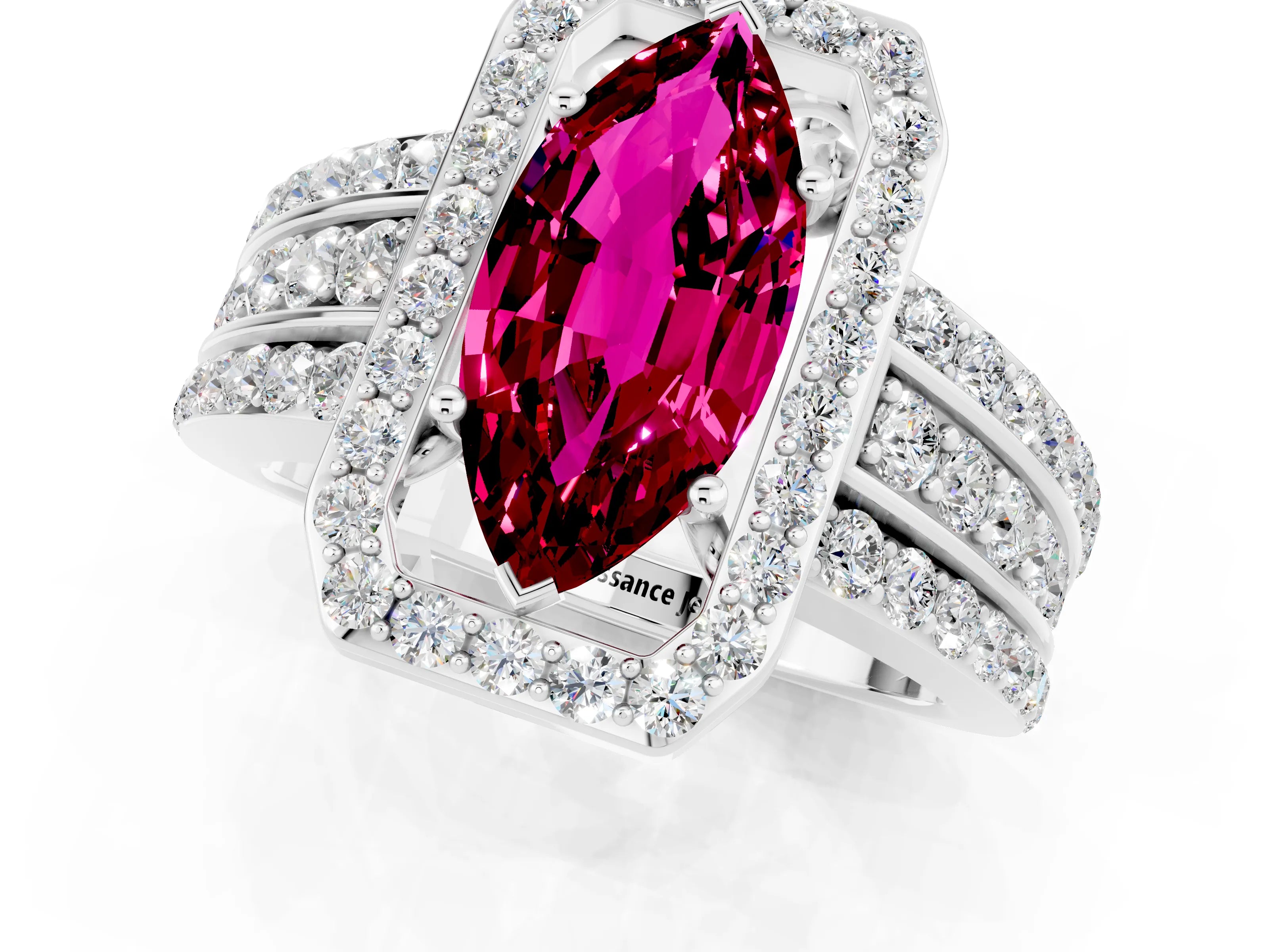 White gold Marquise Cut Halo Garnet Ring with Split Shank and Four-Prong Setting_1