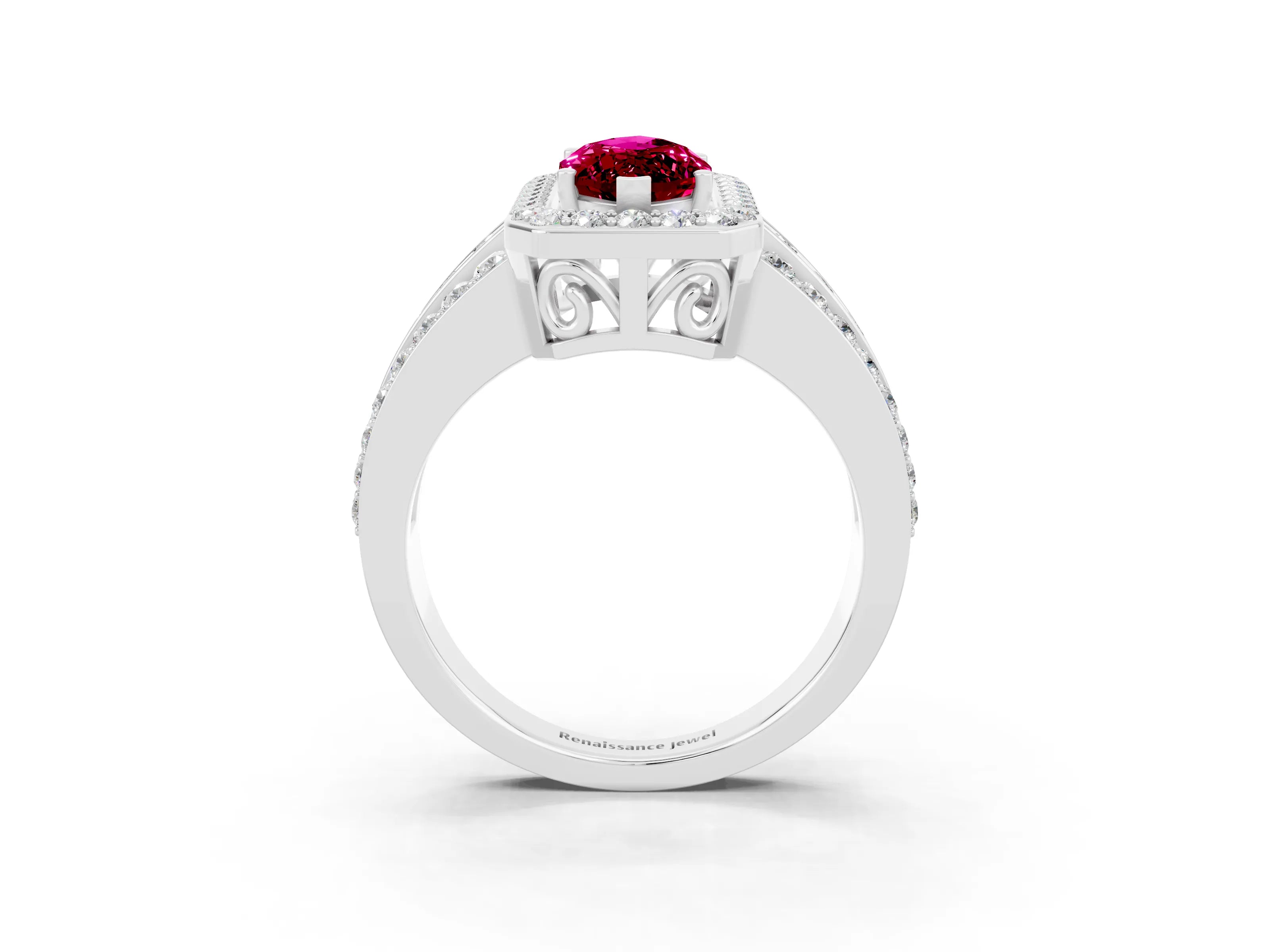 White gold Marquise Cut Halo Garnet Ring with Split Shank and Four-Prong Setting_3