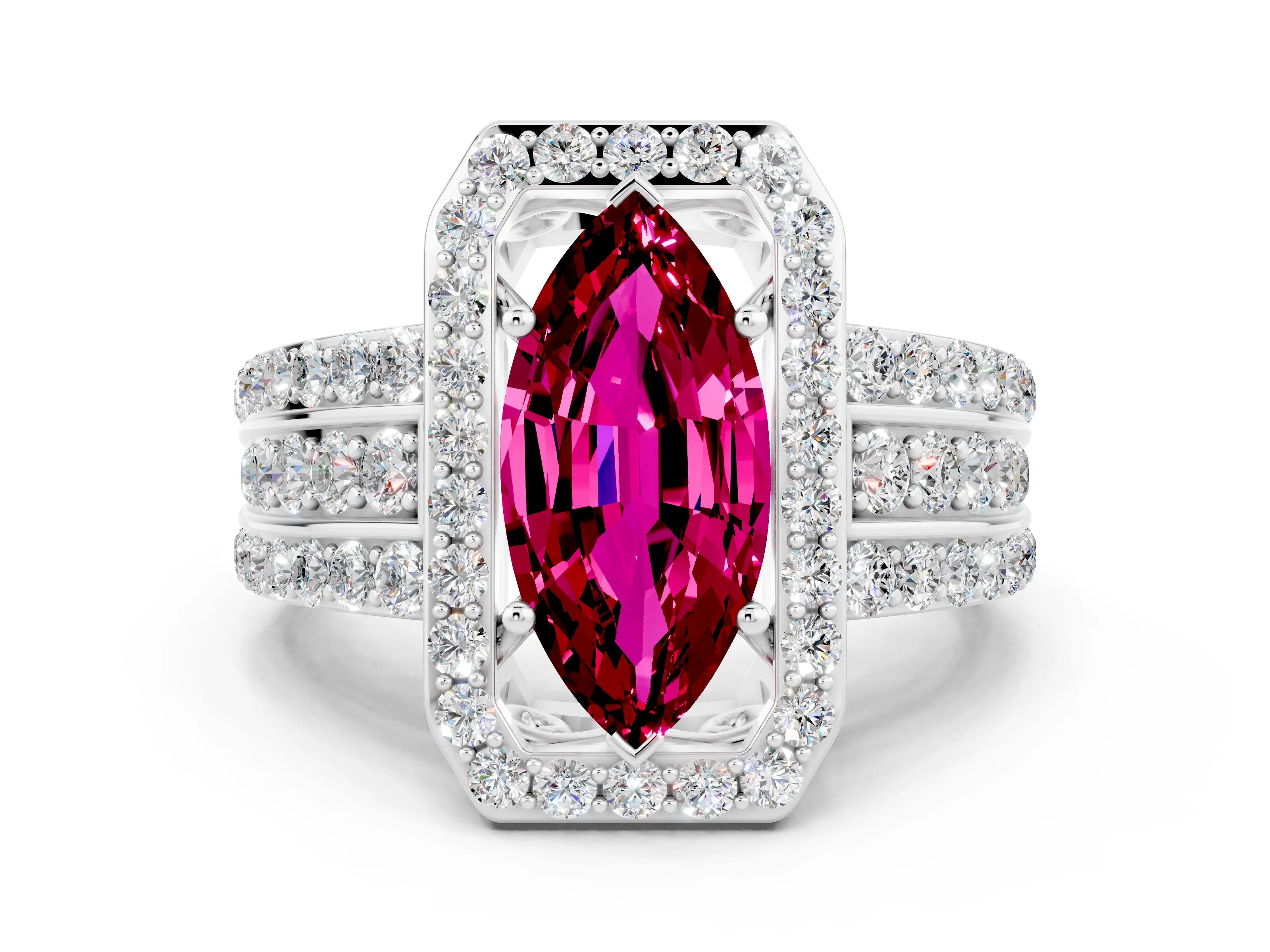 White gold Marquise Cut Halo Garnet Ring with Split Shank and Four-Prong Setting