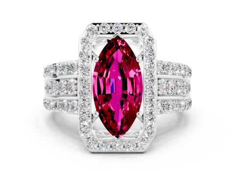White gold Marquise Cut Halo Garnet Ring with Split Shank and Four-Prong Setting